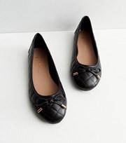 New Look Wide Fit Black Quilted Leather-Look Bow Ballerina Pumps